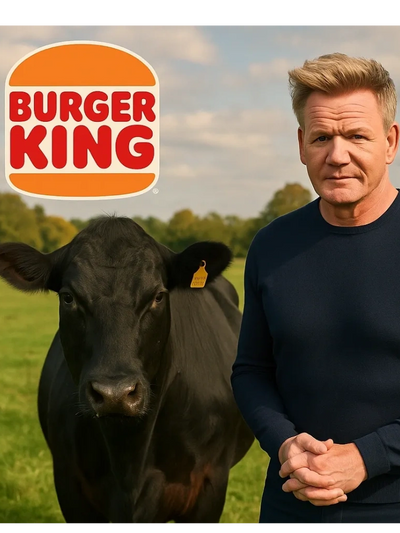 Gordon Ramsay stands next to a black Wagyu cow in a field with the Burger King logo above.