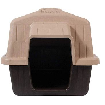 Plastic dog house for outdoor use.