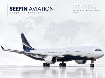 Modern commercial airplane with Seefin Aviation branding.