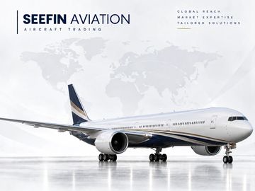 Modern airplane on a reflective runway with SEEFIN Aviation branding.