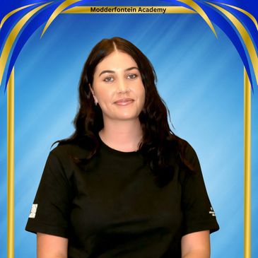 Woman posing against a blue and gold backdrop with Modderfontein Academy text.