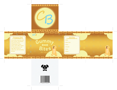 Packaging design for CB Gummy Bites dog treats featuring a dog illustration and nutritional information.