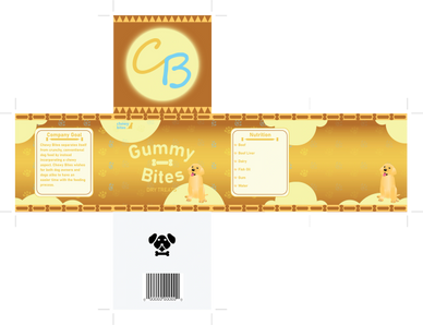 Packaging design for CB Gummy Bites dog treats featuring a dog illustration and nutritional information.