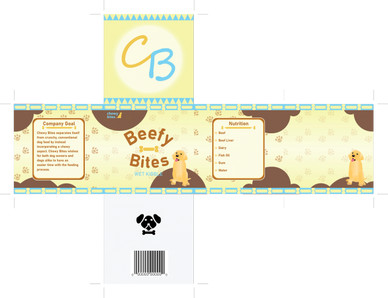 Packaging design for Beefy Bites wet dog food with playful dog and nutrition info.