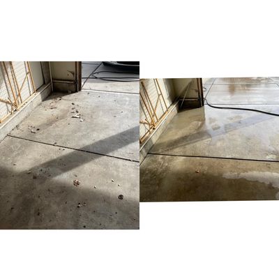 Before and after pictures of dirty and cleaned concrete. 