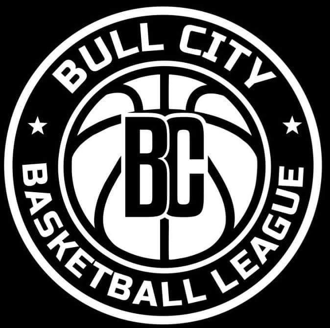 Black and white logo of Bull City Basketball League with basketball and BC initials.