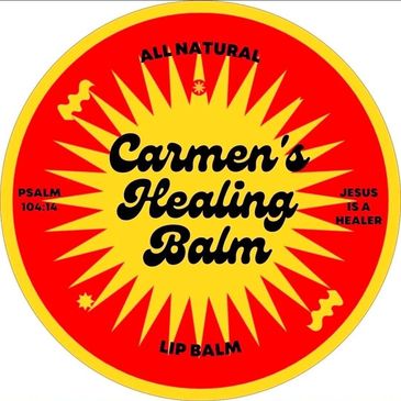 Carmen's Healing Balm logo with bright red and yellow colors.