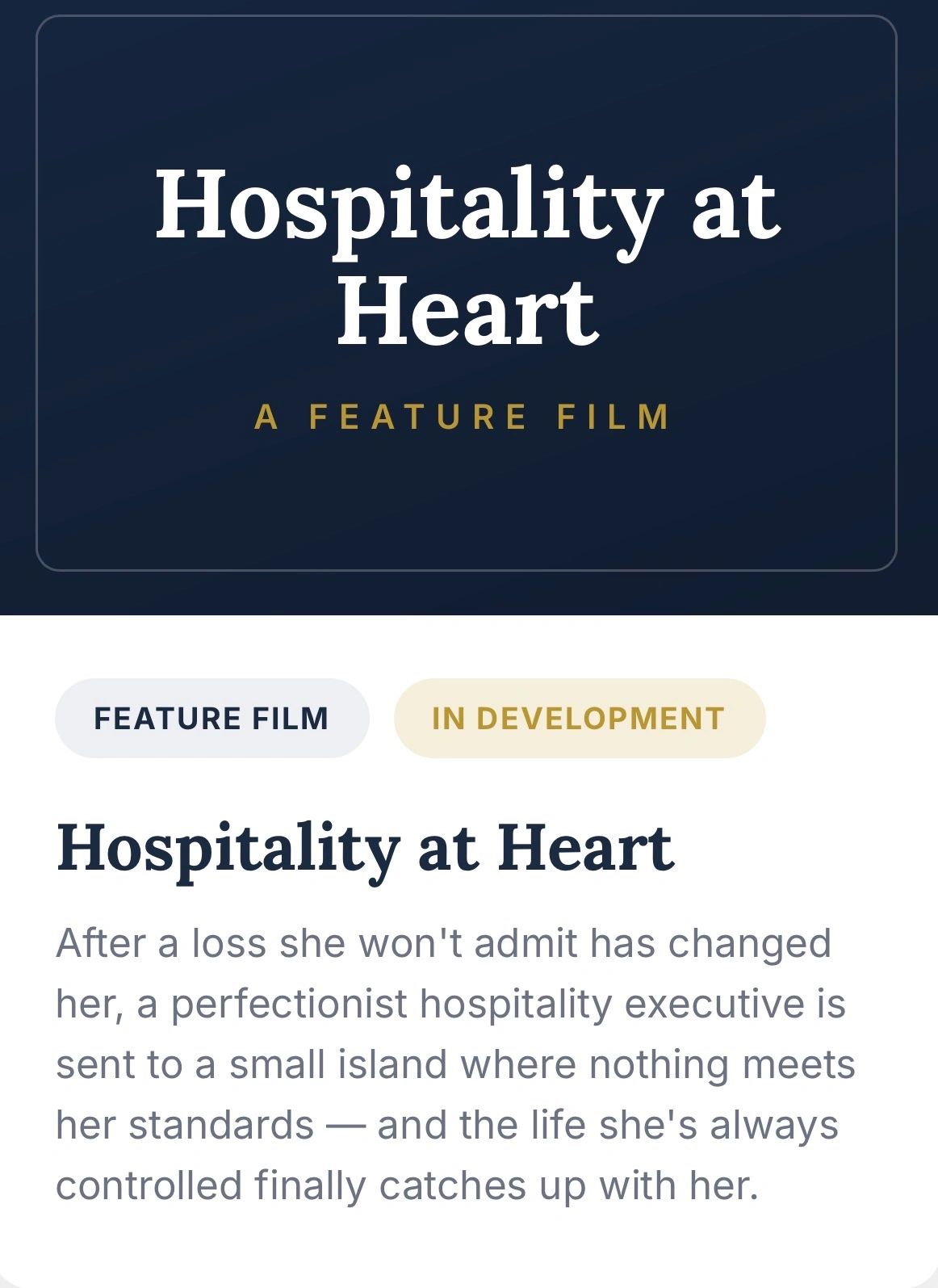 Film poster for 'Hospitality at Heart,' a feature film in development.