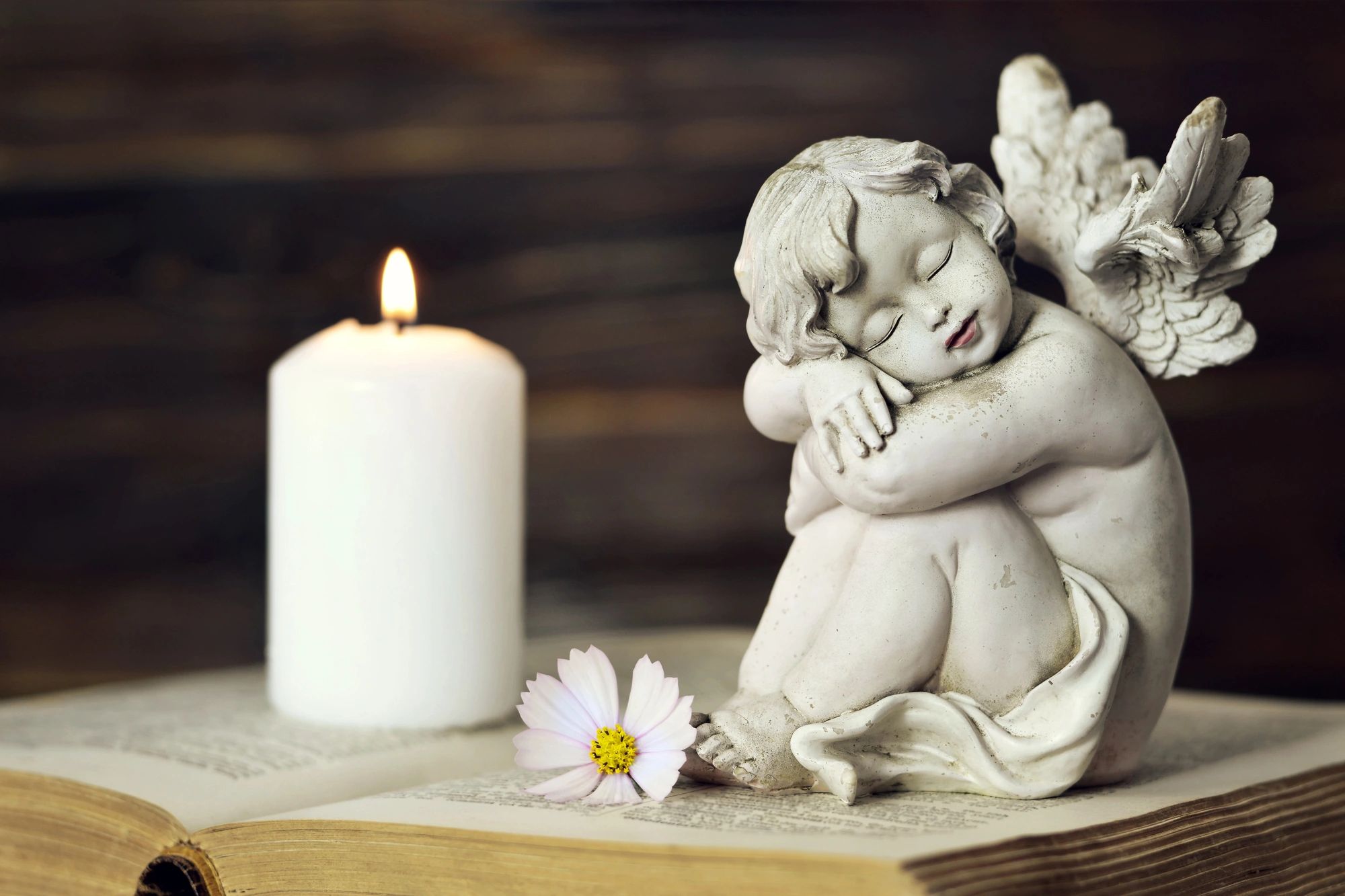 A cherubic angel statue rests beside a lit candle and flower on an open book.