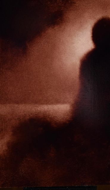 Silhouette of a person against a textured brown background.