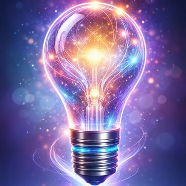 A glowing light bulb filled with cosmic and colorful energy.