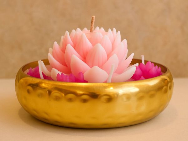 Pink lotus-shaped candle in a golden holder.