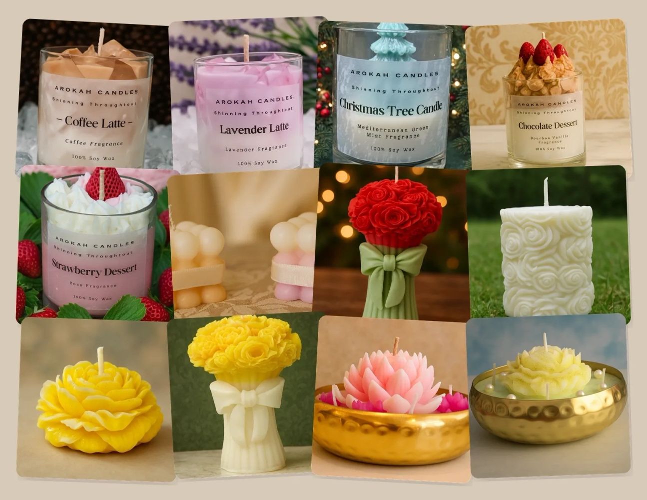 Various artistic soy wax candles in different shapes and scents.