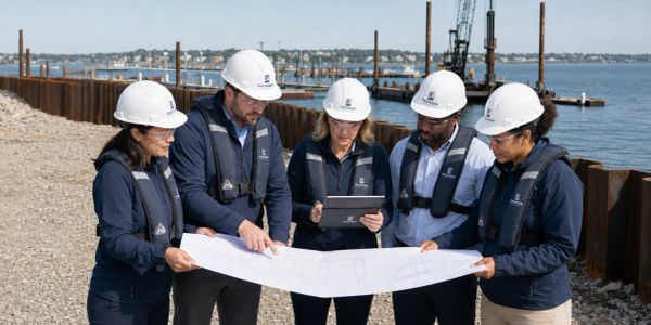Team examining plans at waterfront construction site.