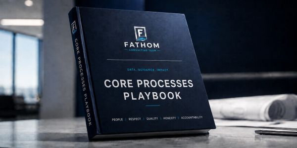 A book titled 'Core Processes Playbook' on a table.
