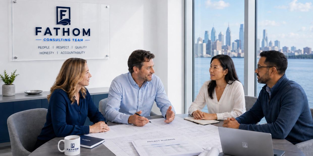 Four professionals discussing a project at Fathom Consulting Team.