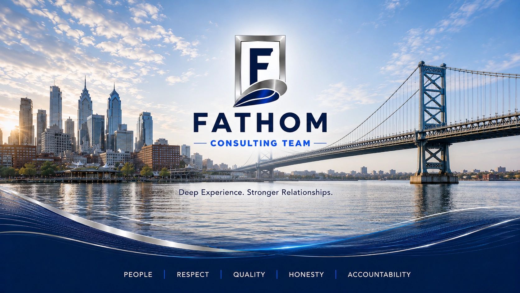 Fathom Consulting Team logo over cityscape and bridge.