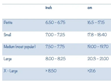 A table on sizes of jewelry in inches and cms