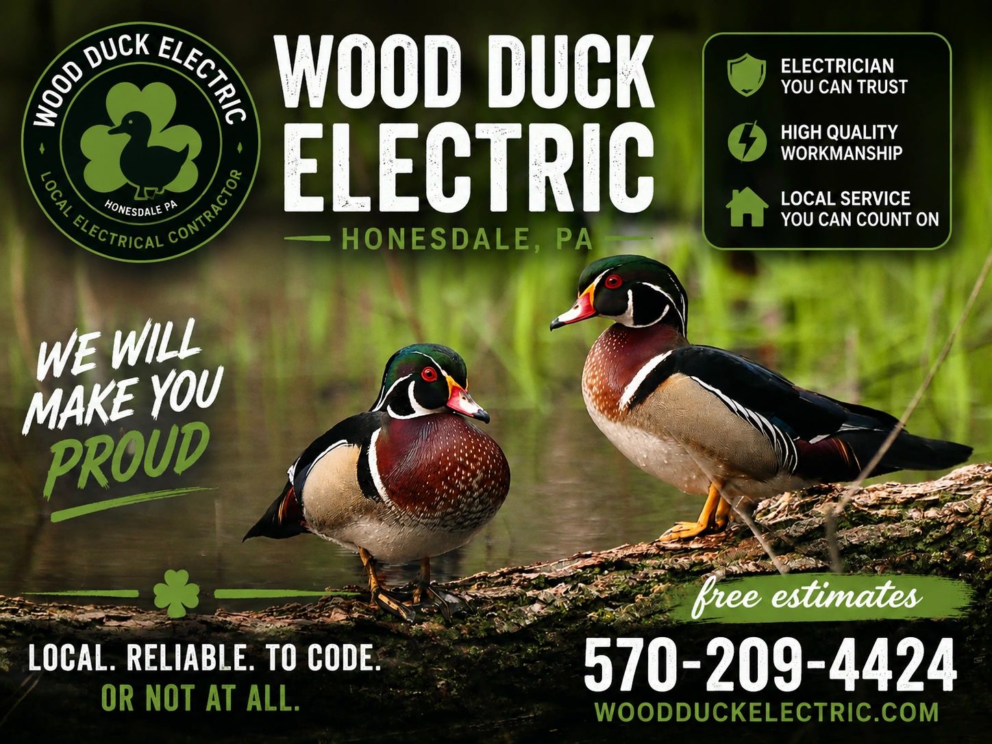 Advertisement for Wood Duck Electric with two wood ducks and contact info.