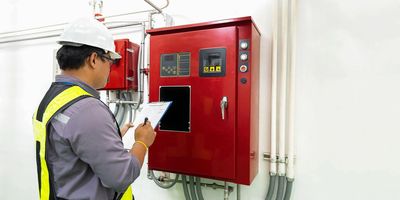 Technician inspecting a red fire alarm control panel indoors.
