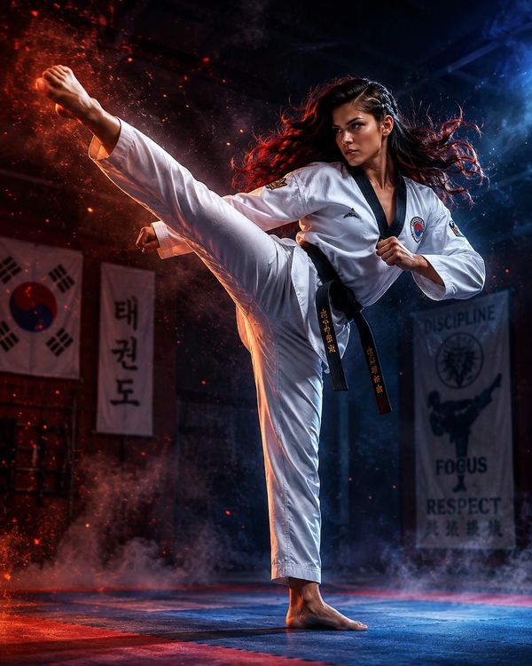 Woman performs high kick in taekwondo studio.