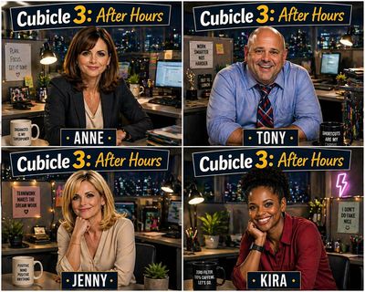 Four office workers from Cubicle 3: After Hours, each at their desks with personalized mugs and signs.