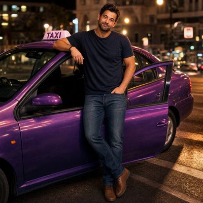Man leaning on purple taxi car at night.