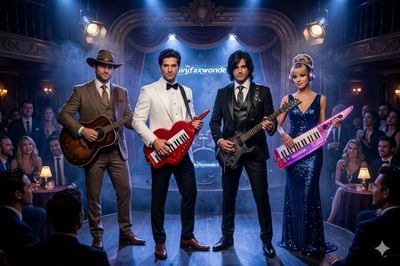 Four musicians in formal attire holding keytars and a guitar on stage in a vintage setting.