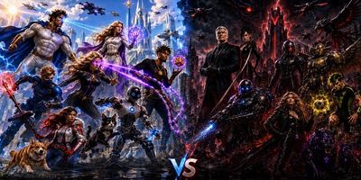Two powerful superhero teams face off in an epic battle scene.