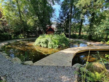 A serene garden pond with a wooden bridge and lush greenery.
