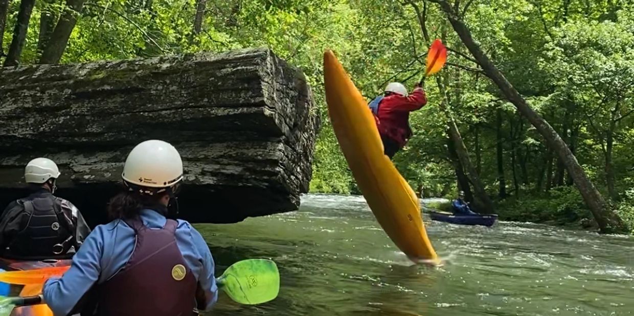 Plug it! Bob does an obligatory seal launch for his first whitewater kayaking trip down th Namtahala