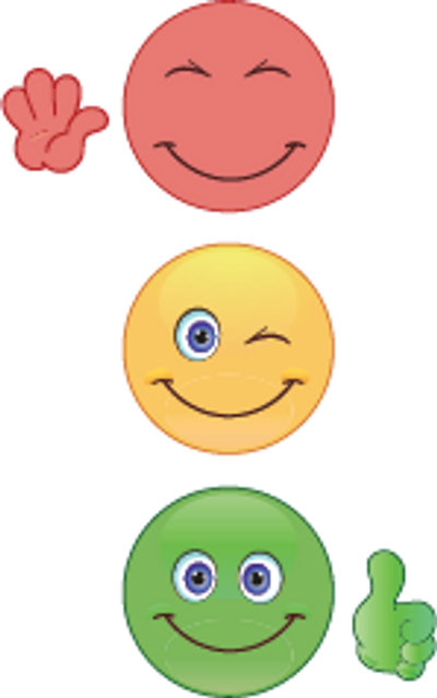 Red, yellow, and green smiling faces