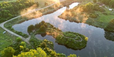 Aerial view of Taylor Lake at Wildlife Prairie Park, one of 7 available lakes to kayak. 