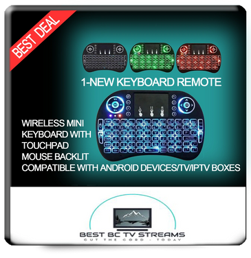 Wireless mini keyboard remote with touchpad, backlit keys, compatible with Android and IPTV devices.