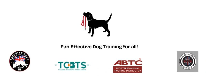 Logo of a dog holding a leash with dog training certifications around it.