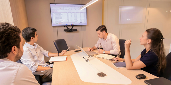 Four colleagues in a meeting room discussing data on a screen.