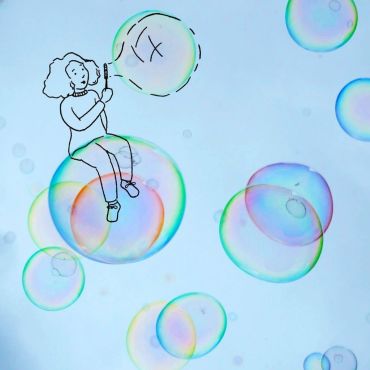 Illustration of person sitting on a large soap bubble.