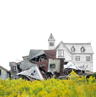 Ruined house partly sketched and partly real.