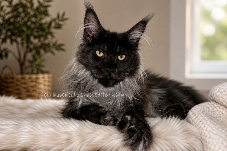 Benjamin is our black smoke polydactyl make laying on a bed. 