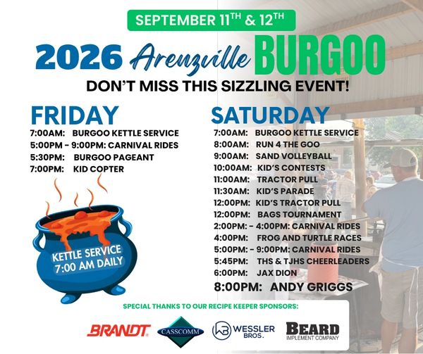 2026 Arenzville Burgoo event schedule for September 11-12 with activities and sponsors.