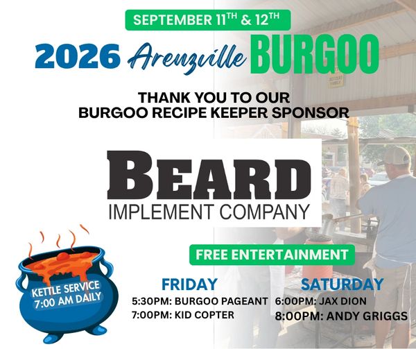 2026 Areuzville Burgoo event on Sept 11-12 with sponsor Beard Implement Company.