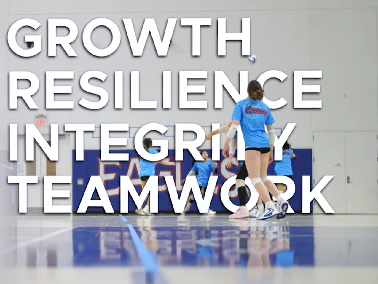 Volleyball players with motivational words overlay.
