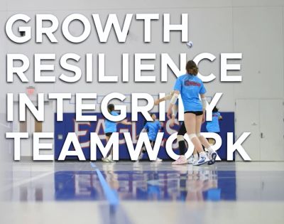 Volleyball players with inspiring words overlay.