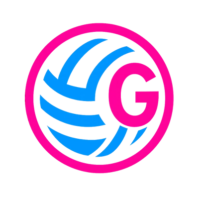 Blue and pink volleyball logo with a letter G inside a circle.