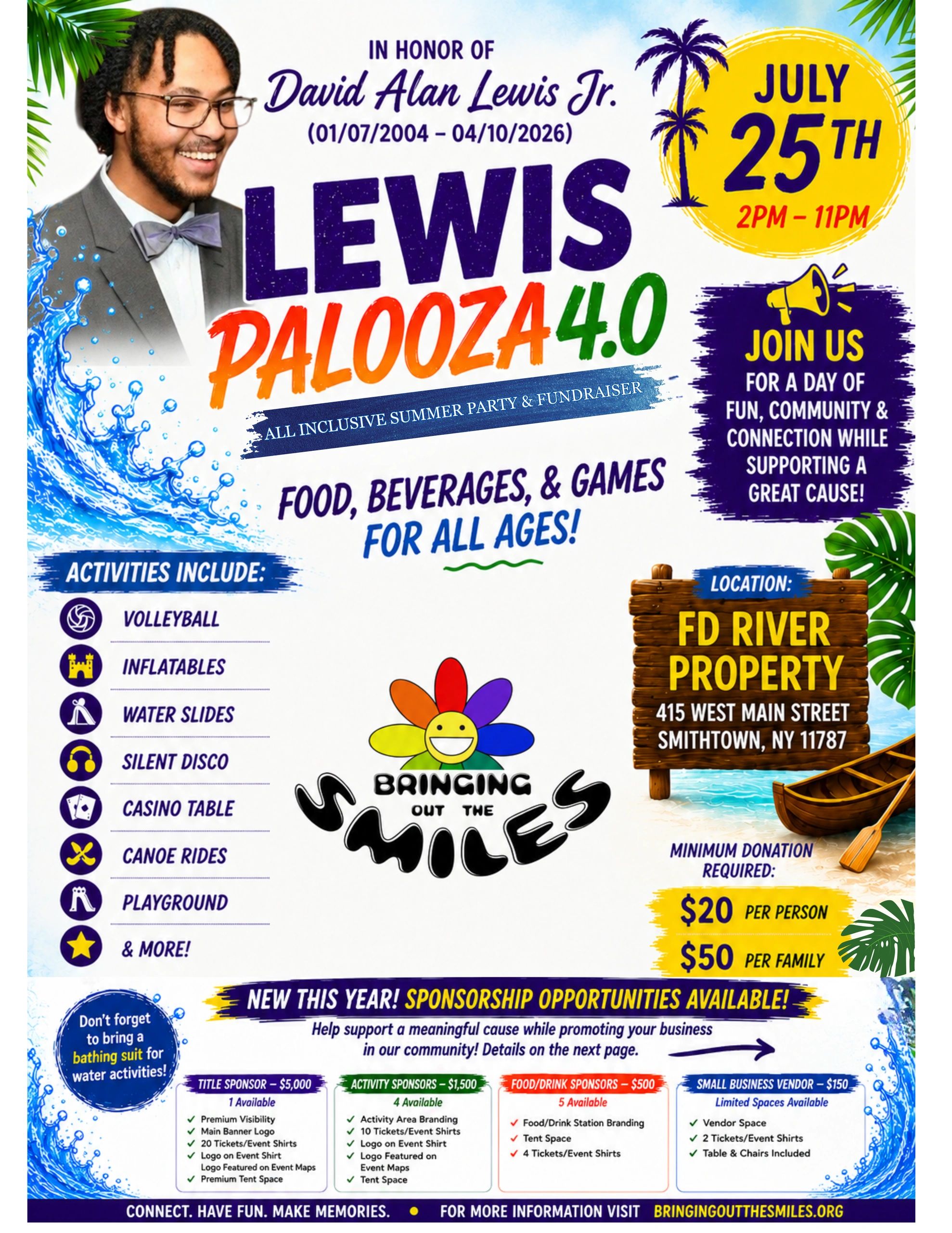 Fundraiser summer party Lewis Palooza 4.0 on July 25 at FD River Property with games and food.