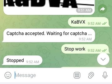 Screenshot of a chat with a bot managing tasks and captcha verification.