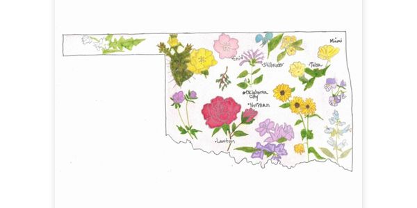 Artistic map of Oklahoma with hand-drawn flowers and city names.