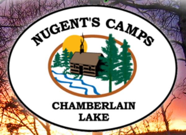 Logo of Nugent's Camps at Chamberlain Lake featuring a cabin and pine trees.