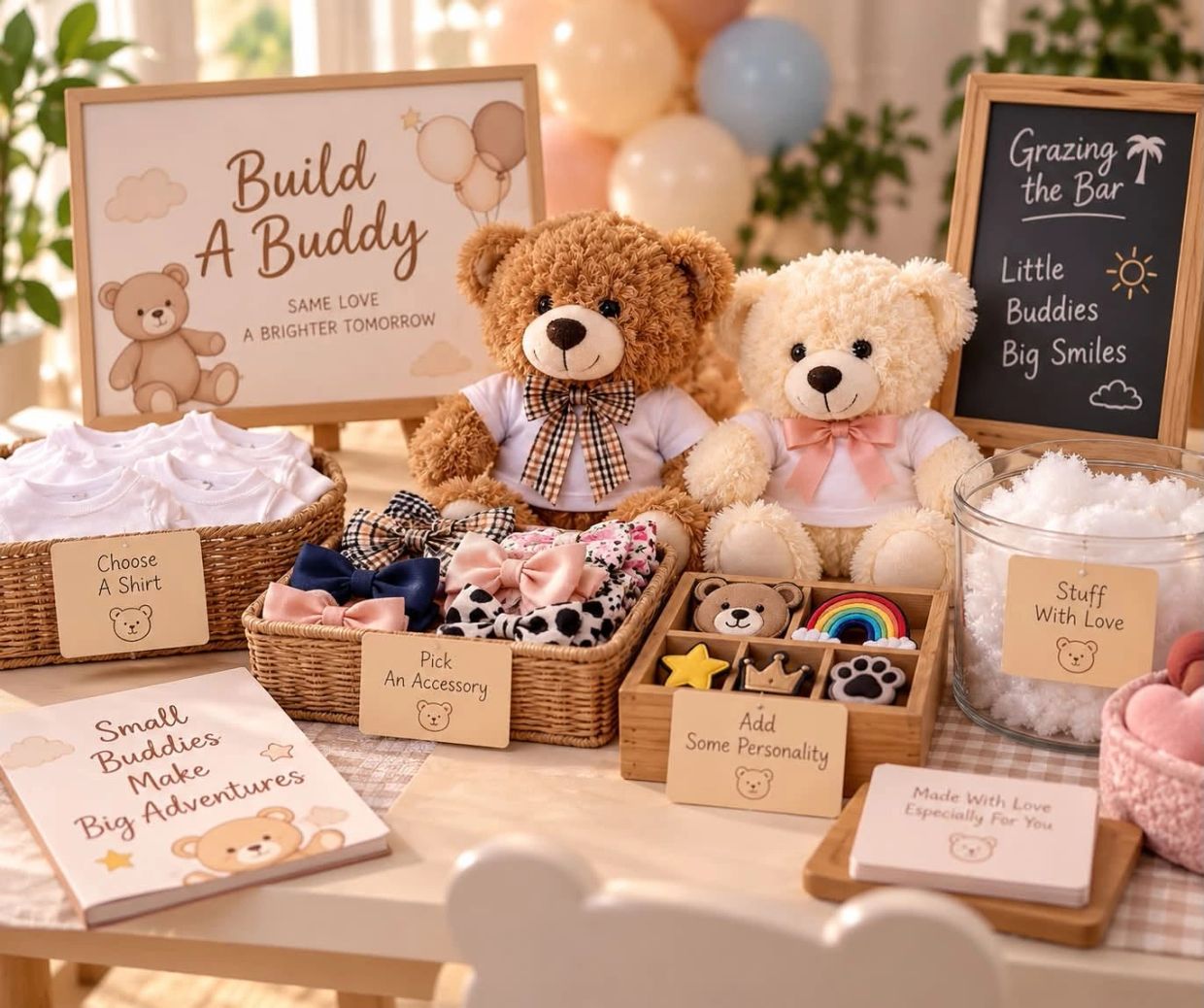 Build A Buddy teddy bear customization station with shirts, accessories, and stuffing.