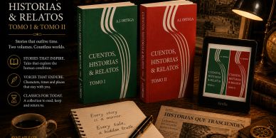 Two volumes of 'Historias &amp; Relatos' books with notes and a lamp.
